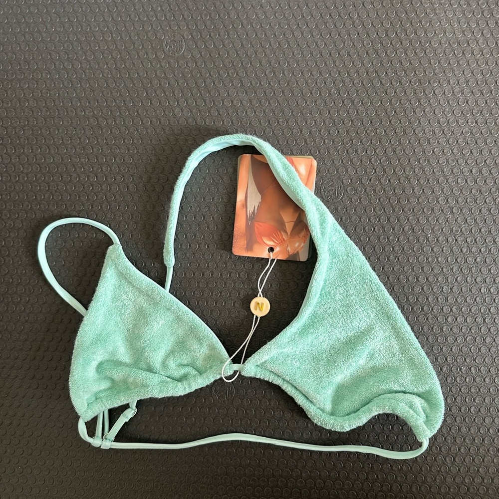 NWT NEENA Aqua Teal One Shoulder Double Strap Terry Cloth Bikini Top size XS - Picture 2 of 6